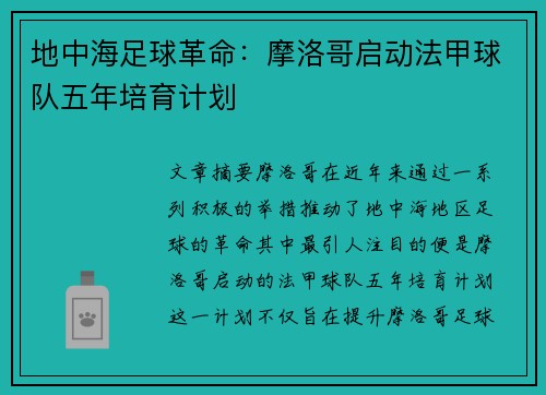 地中海足球革命：摩洛哥启动法甲球队五年培育计划